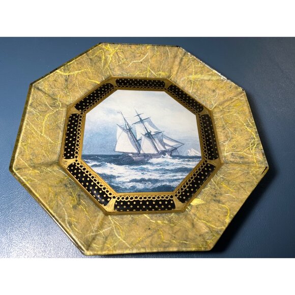 Durwin Rice Vtg Octagonal Glass Decoupage Signed Art Glass Plate Sailing Ship - Picture 3 of 8